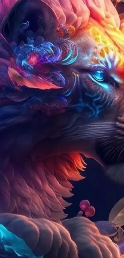 A neon cosmic lion artwork with vibrant colors on a dark background.