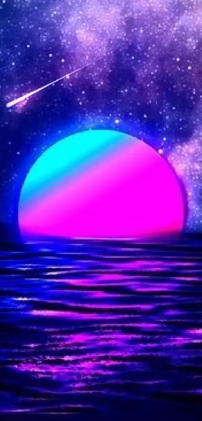 Neon cosmic ocean wallpaper with vibrant colors and a gradient sun.