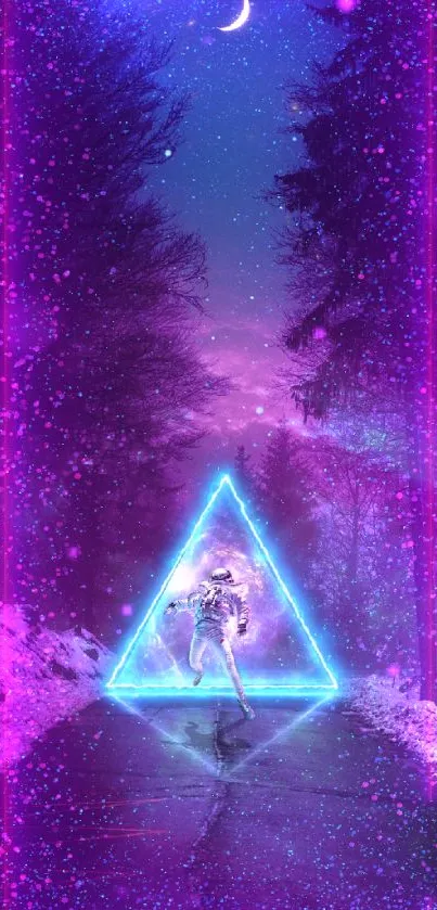 Astronaut walking on a neon-lit path in a mystical forest with a cosmic theme.