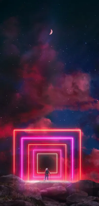 Mesmerizing neon portal under a cosmic sky.