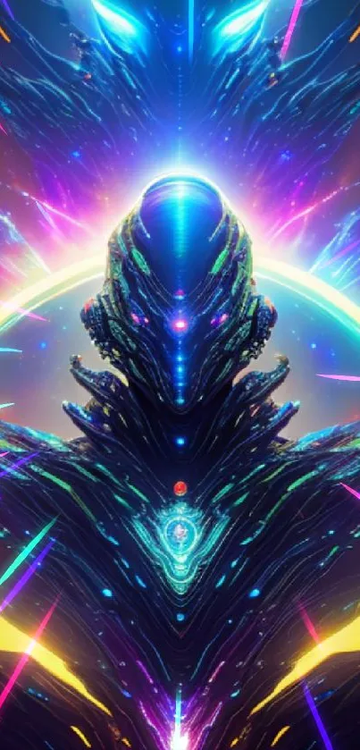 A vibrant neon cosmic symmetrical digital artwork in shades of blue and violet.