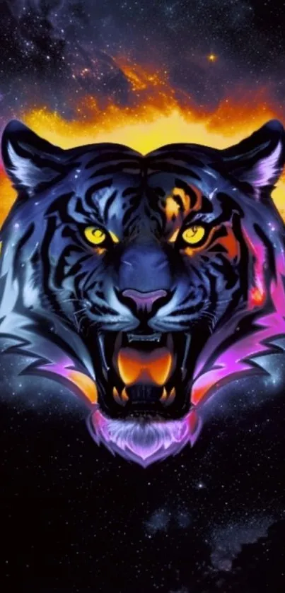 Vivid neon tiger head with cosmic background.