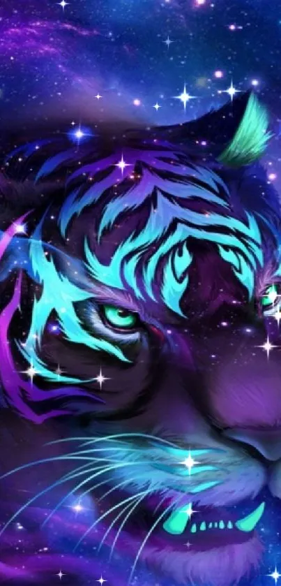 Neon cosmic tiger with vibrant galaxy background.