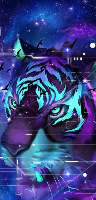 Neon blue and purple cosmic tiger wallpaper art.