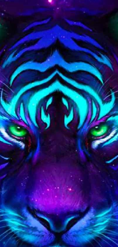 Neon cosmic tiger illustration with vibrant blue and purple hues.