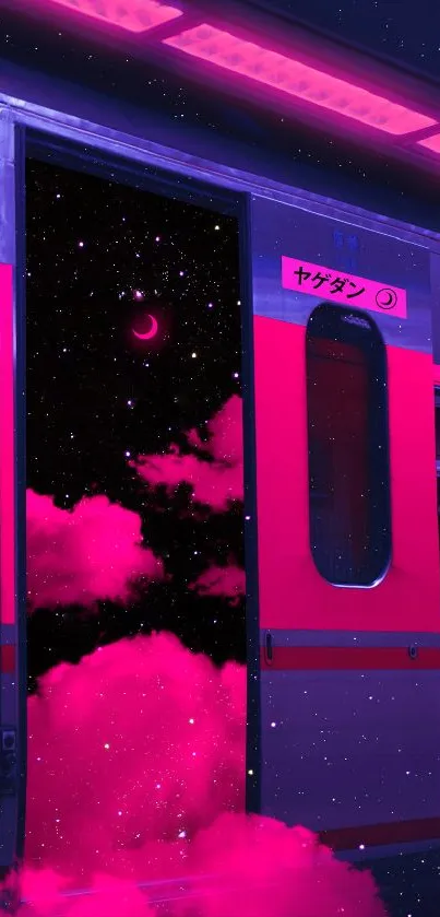 Neon-lit train with cosmic clouds and starry sky.