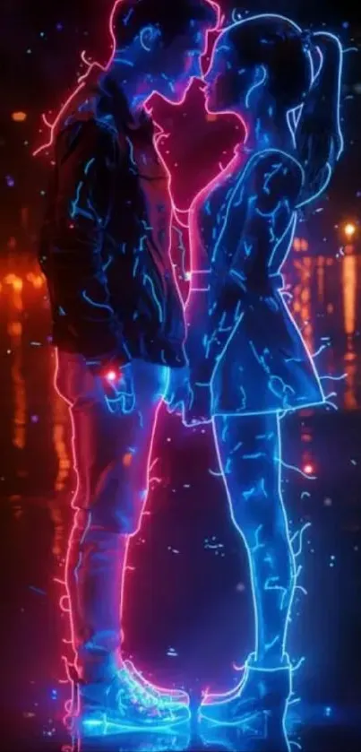 Neon couple in pink and blue glow.