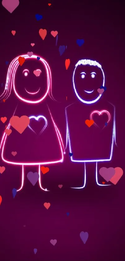 Vibrant neon couple with heart designs on a deep pink background.