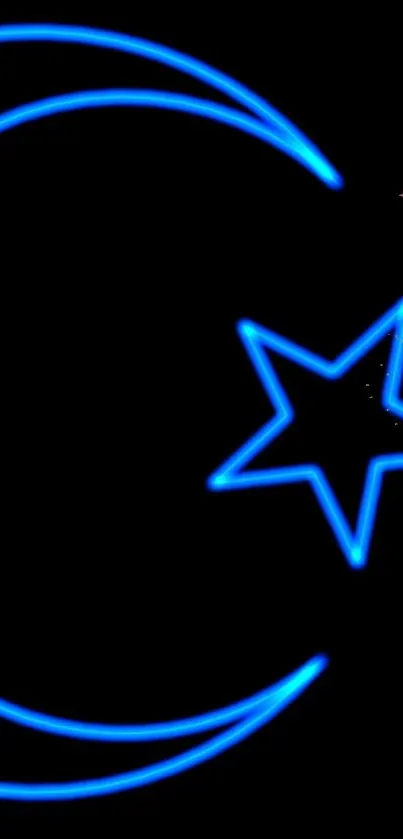 Neon crescent and star on a black background, glowing in blue.