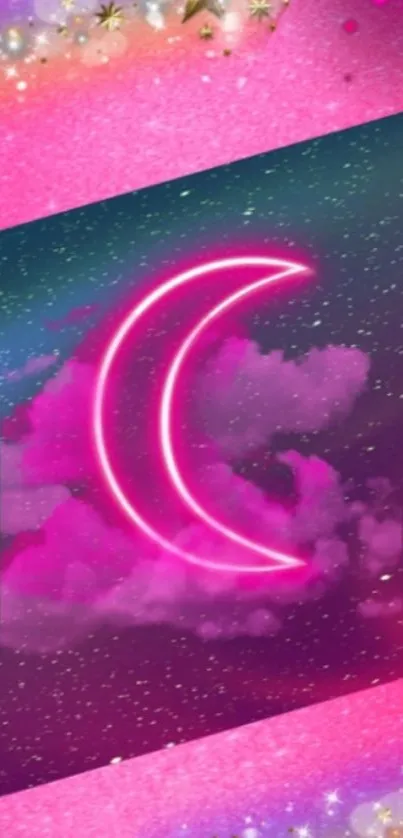 Neon crescent moon in a starry pink galaxy wallpaper.