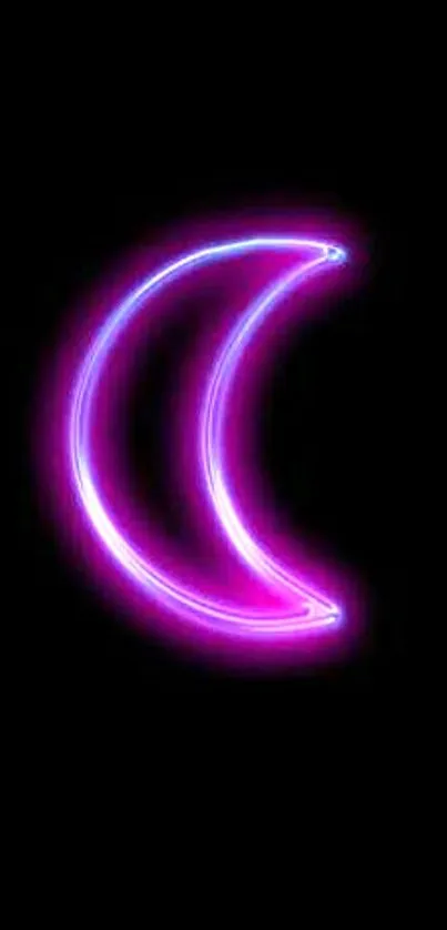 Pink neon crescent moon on black background wallpaper.