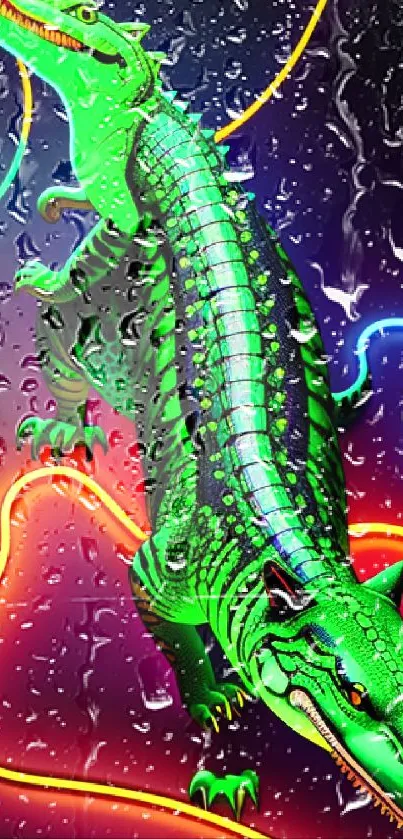 Vibrant neon crocodile in colorful lights on a dark backdrop.