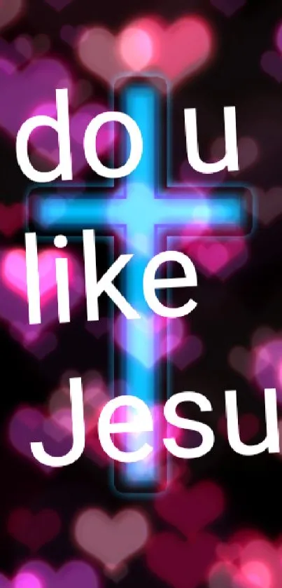 Mobile wallpaper with blue neon cross and text on black background.