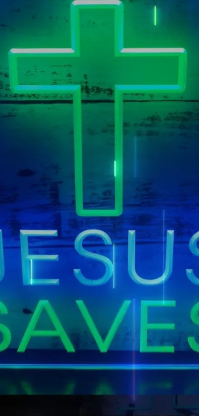 Neon cross with 'Jesus Saves' in glowing blue and green hues.