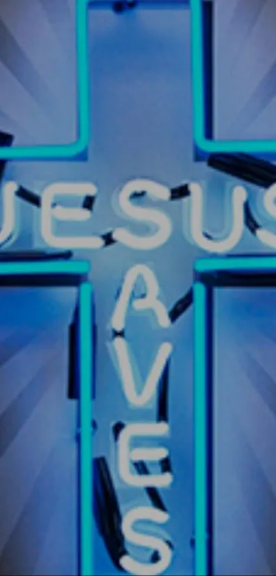 Neon cross with 'Jesus Saves' in blue light.