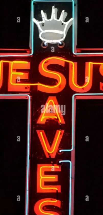 Neon cross with Jesus Saves message glowing brightly.