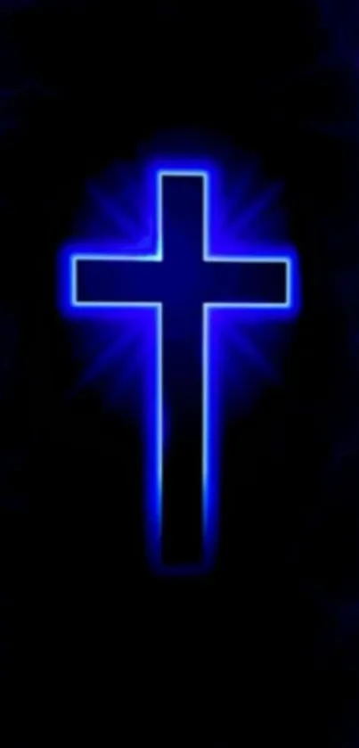 Neon cross glowing in vibrant blue against a dark background.