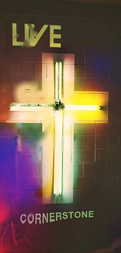 Neon cross wall art with vibrant colors and glowing spiritual aura.