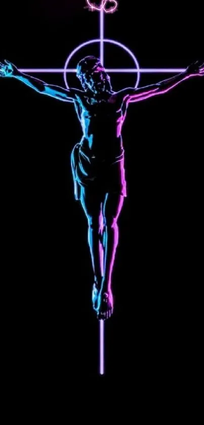 Neon cross with a glowing design on a black background wallpaper.