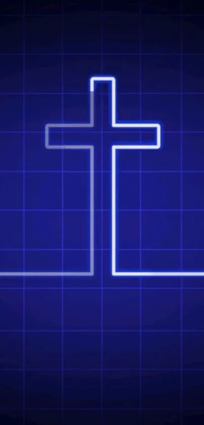 Neon cross on a dark blue grid background wallpaper.