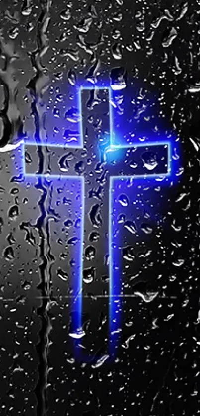 Stylish neon blue cross on rainy glass background.