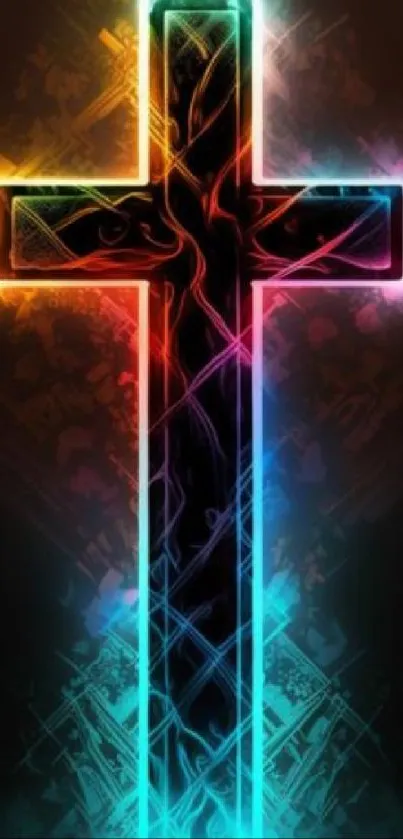 Vibrant neon cross glowing with rainbow colors on a dark background.