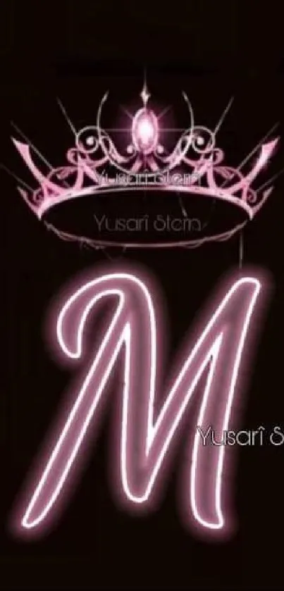 Neon letter M with crown on black background.