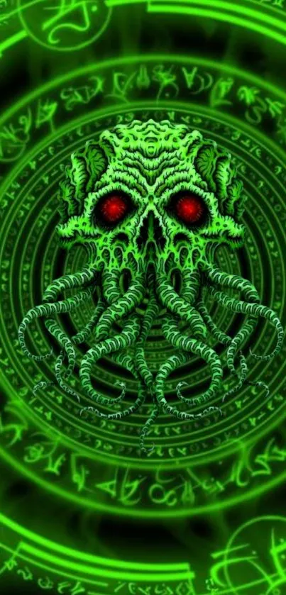 Neon green Cthulhu wallpaper with intricate glowing details and red eyes.