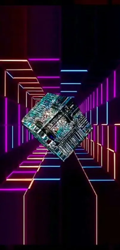 Futuristic neon cube in a vibrant tunnel with glowing lines and digital aesthetics.