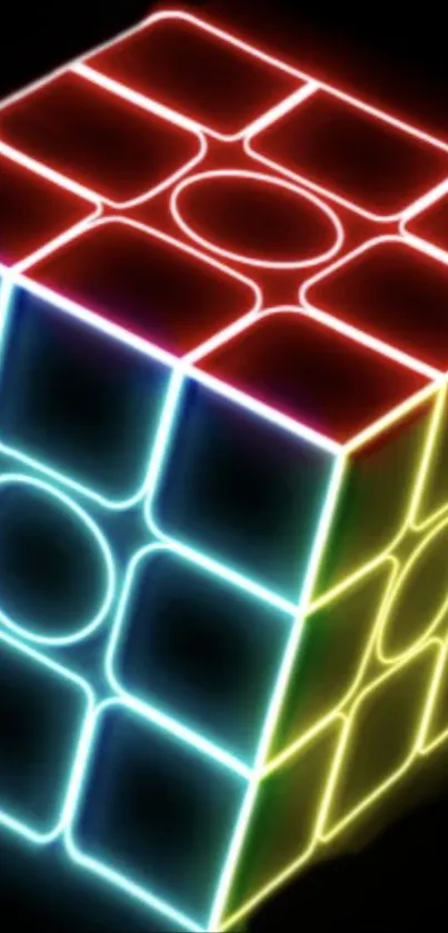 Neon cube wallpaper with glowing edges on a black background.