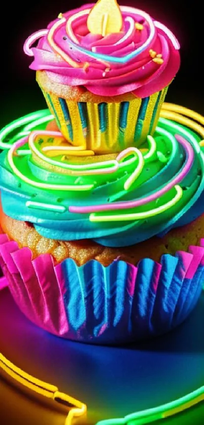 Vibrant neon cupcake wallpaper with glowing colors.