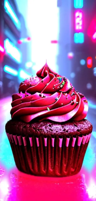 Neon cupcake set against vibrant urban lights.