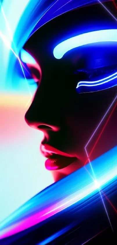 Neon cyber aesthetic wallpaper featuring a futuristic face illuminated by electric colors.