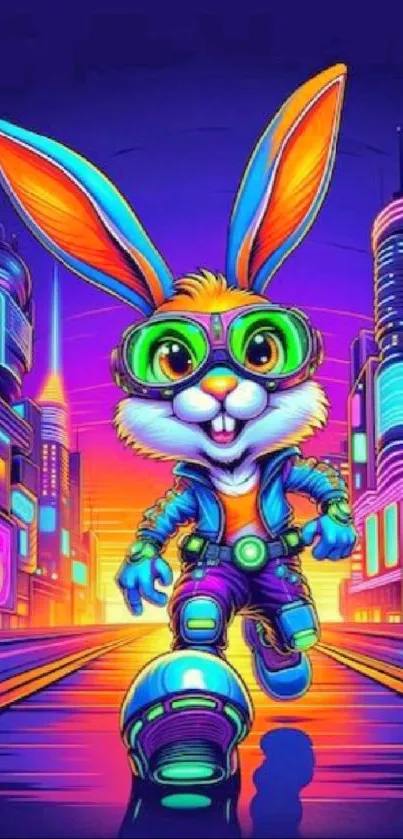 Neon cyber bunny in futuristic cityscape wallpaper.