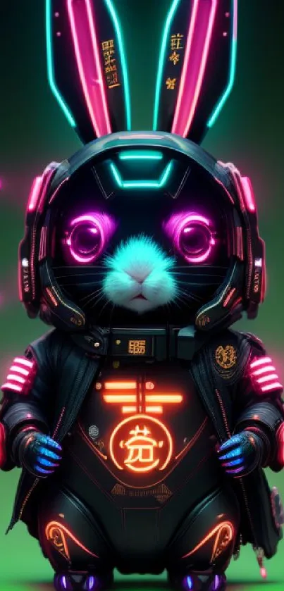 Neon cyber bunny with vibrant hues and futuristic design on a green background.