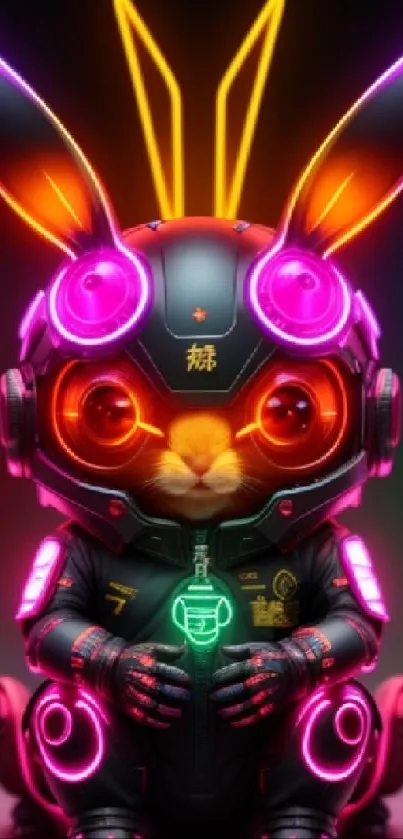 Vibrant neon cyber bunny with glowing lights.