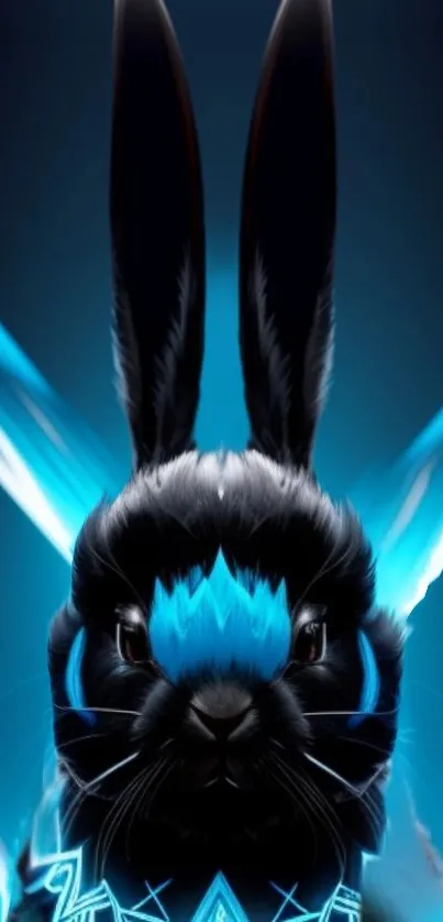 A striking neon cyber bunny against a dark background with electric blue highlights.