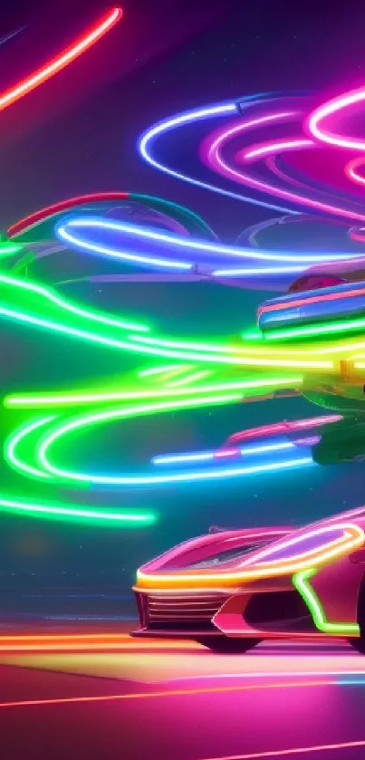 Futuristic cyber car with neon lights streaking across in vibrant colors.