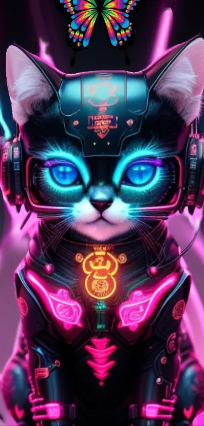 Futuristic neon cat with glowing accents and vibrant blue eyes.