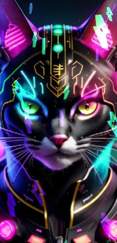 A vibrant neon cyber cat with glowing elements and futuristic design.