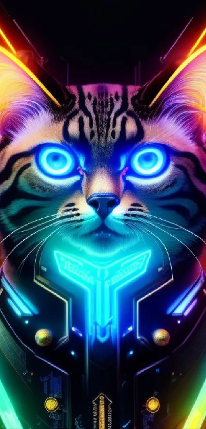 Cyber cat with neon lights and futuristic design.