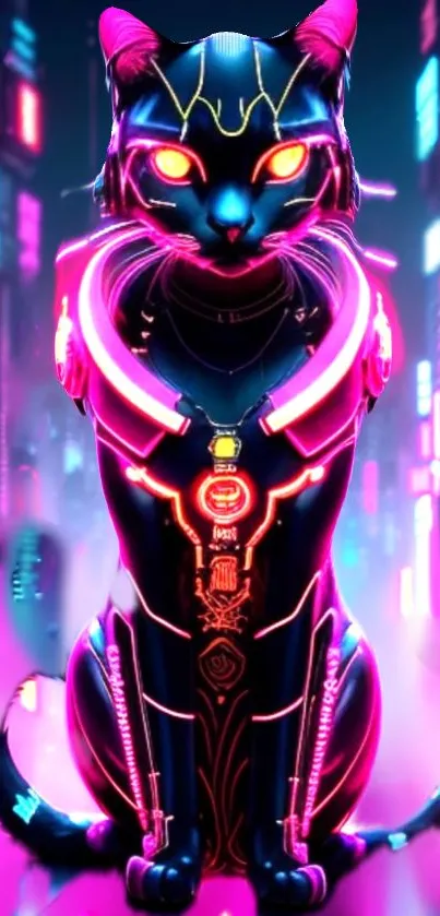 Neon cyber cat in a futuristic tech design with vibrant colors.