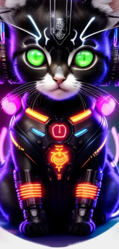 Neon cyber cat with glowing green eyes and futuristic outfit.