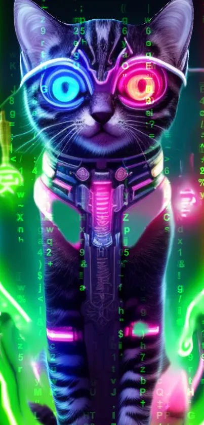 Neon cyber cat with vibrant glowing eyes in digital art style