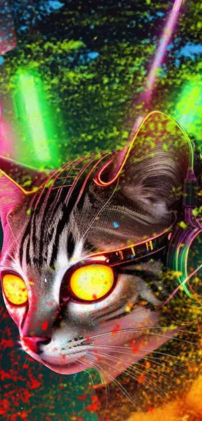 Neon cyber cat wallpaper with vibrant colors and futuristic design.