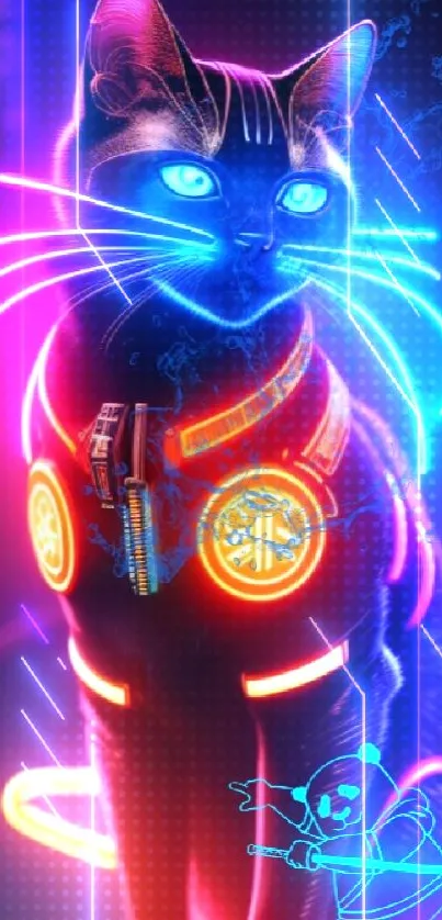 A futuristic neon-lit cat with digital accents.