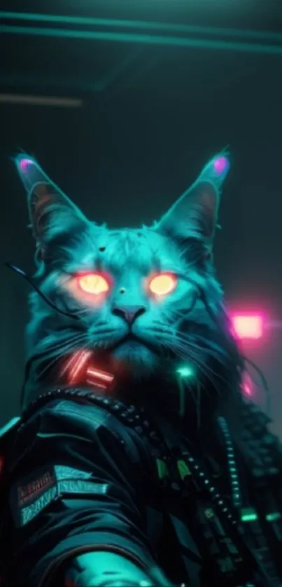 Futuristic neon cyber cat with glowing eyes, perfect for tech-themed wallpapers.