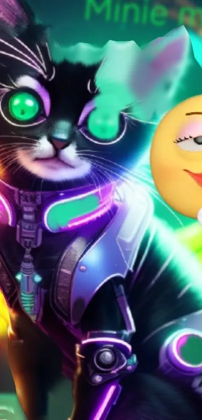 Futuristic neon cat with glowing elements and emoji in vibrant colors.