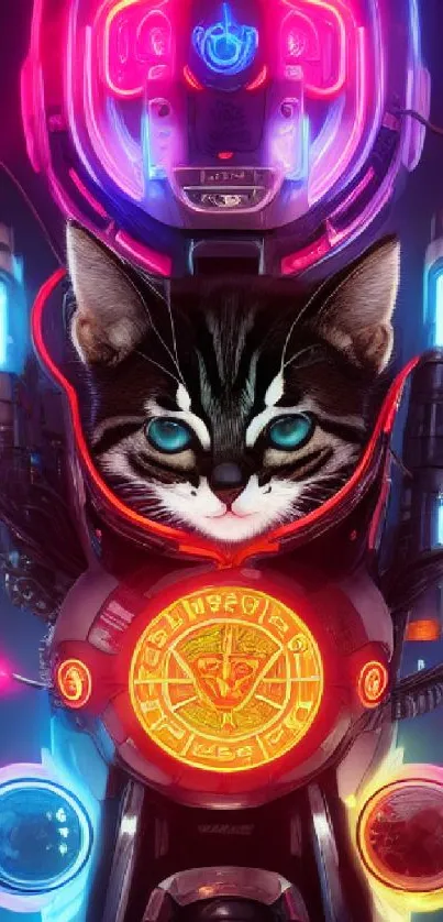 Neon cybernetic cat with vibrant futuristic colors.