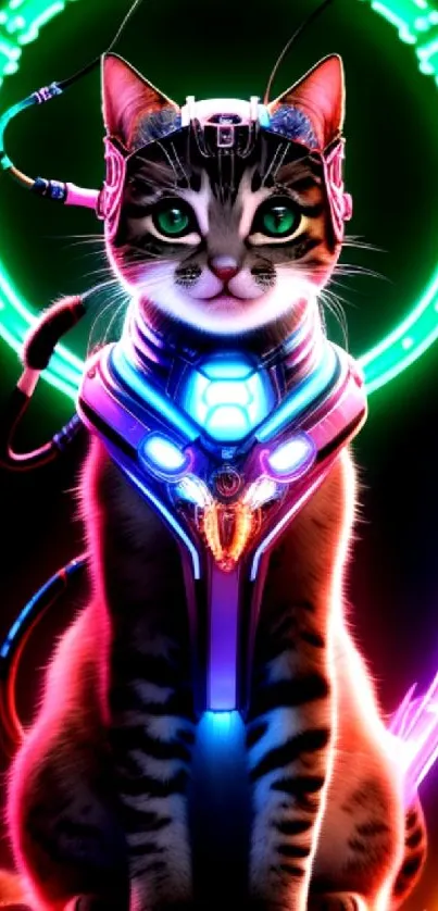 Vibrant neon cyber cat with futuristic tech design.